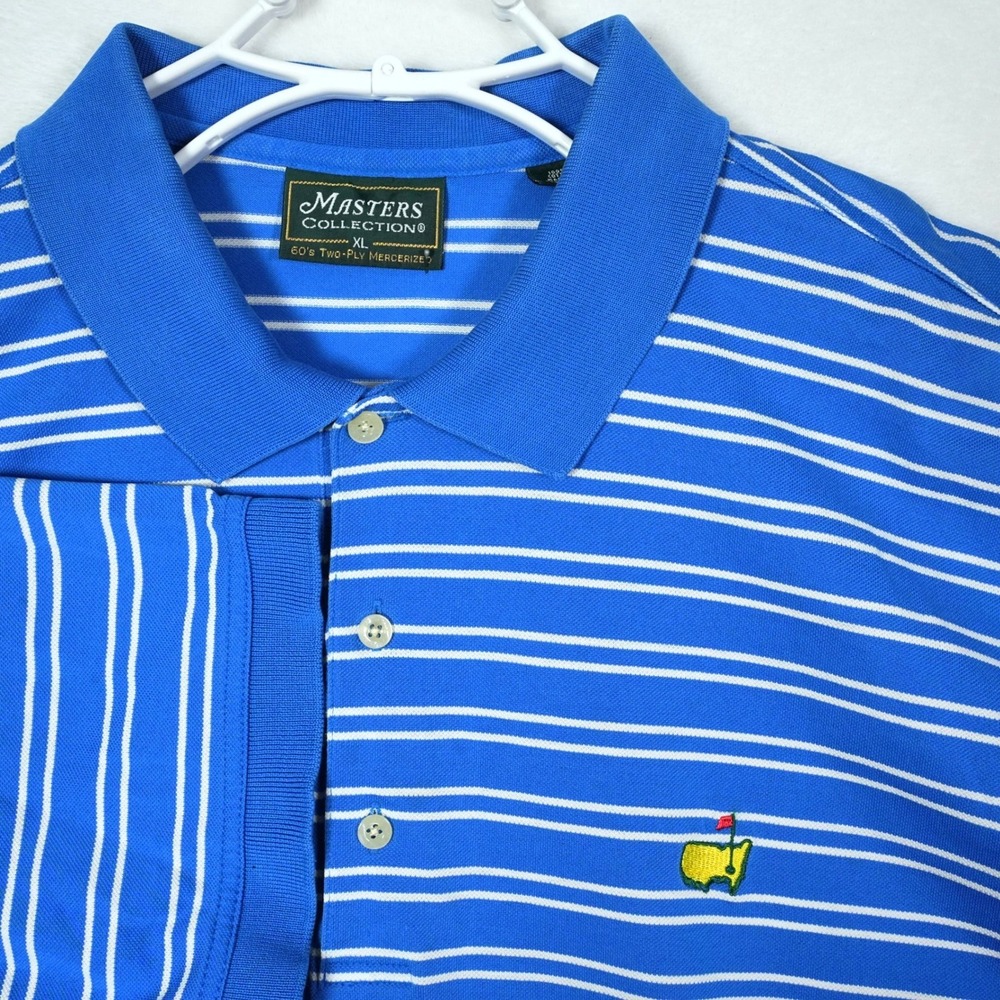 Masters Collection Mens Size XL Blue White Striped Masters Golf Logo Polo Shirt